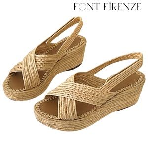 Font Firenze Natural Beige Raffia Platform Sandals EU 39 / US 8.5 Italian Luxury